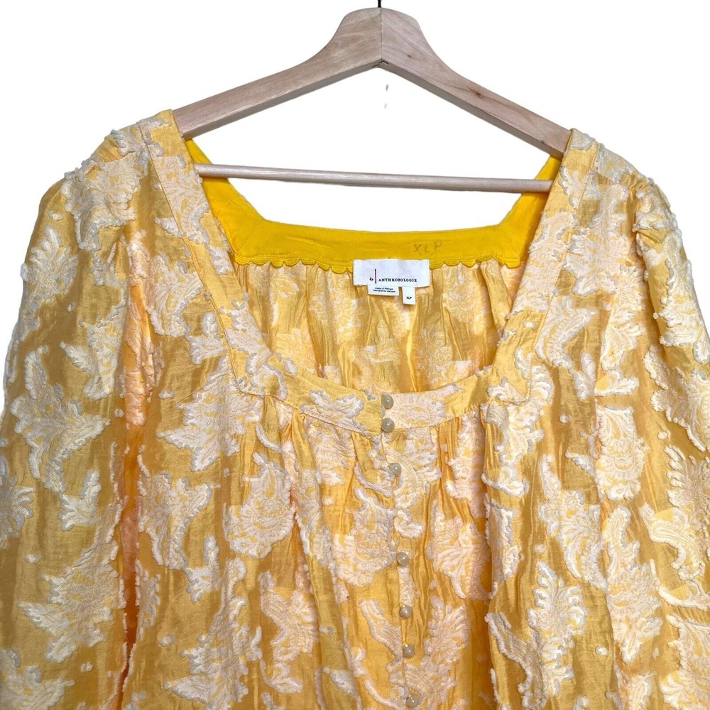 Anthropologie Yvonne Textured Yellow White Button Down Blouse Shirt Size XLP - Picture 8 of 12